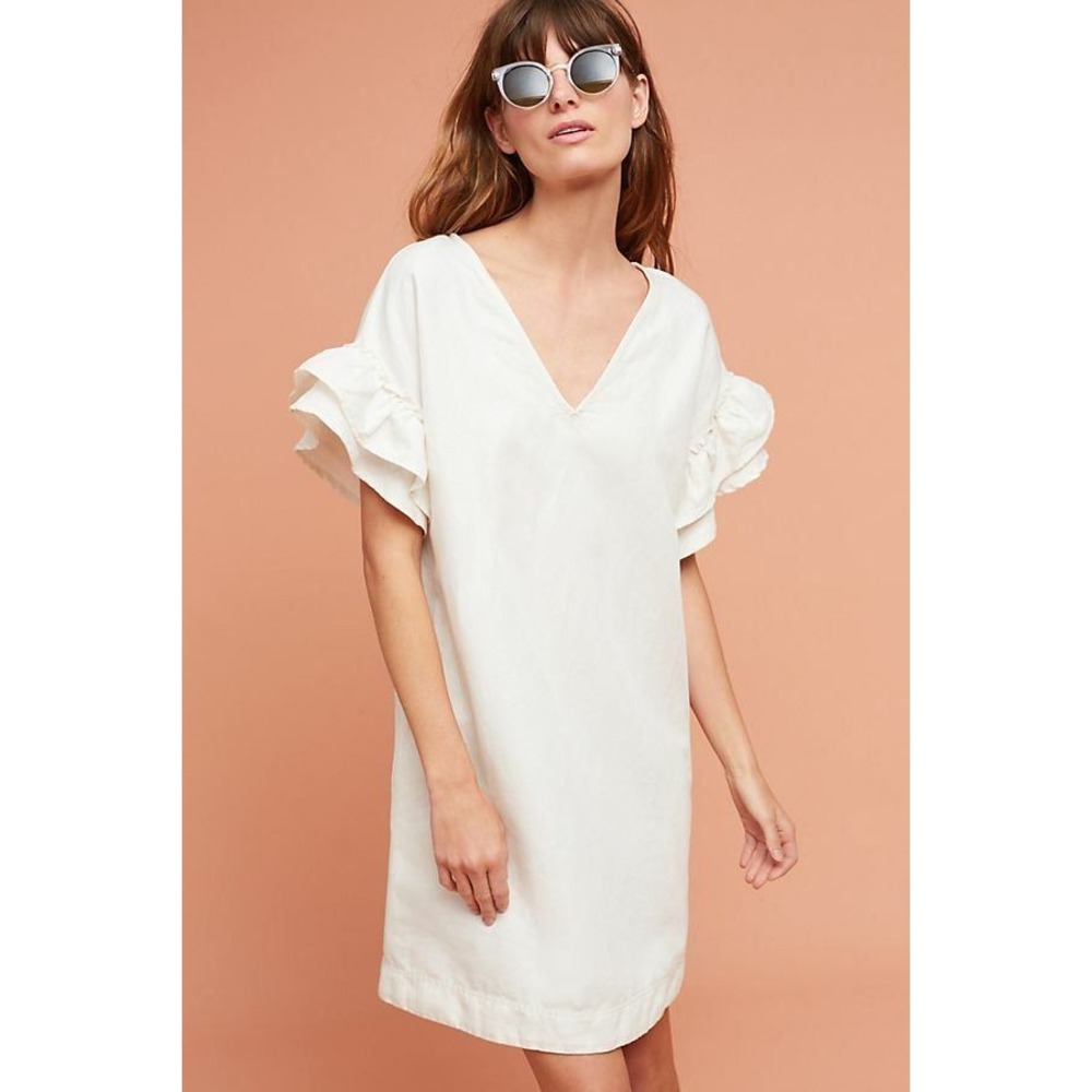Maeve‎ Anthropologie White Linen Lottie  Tunic Dress V-Neck Shift Mini Dress XS